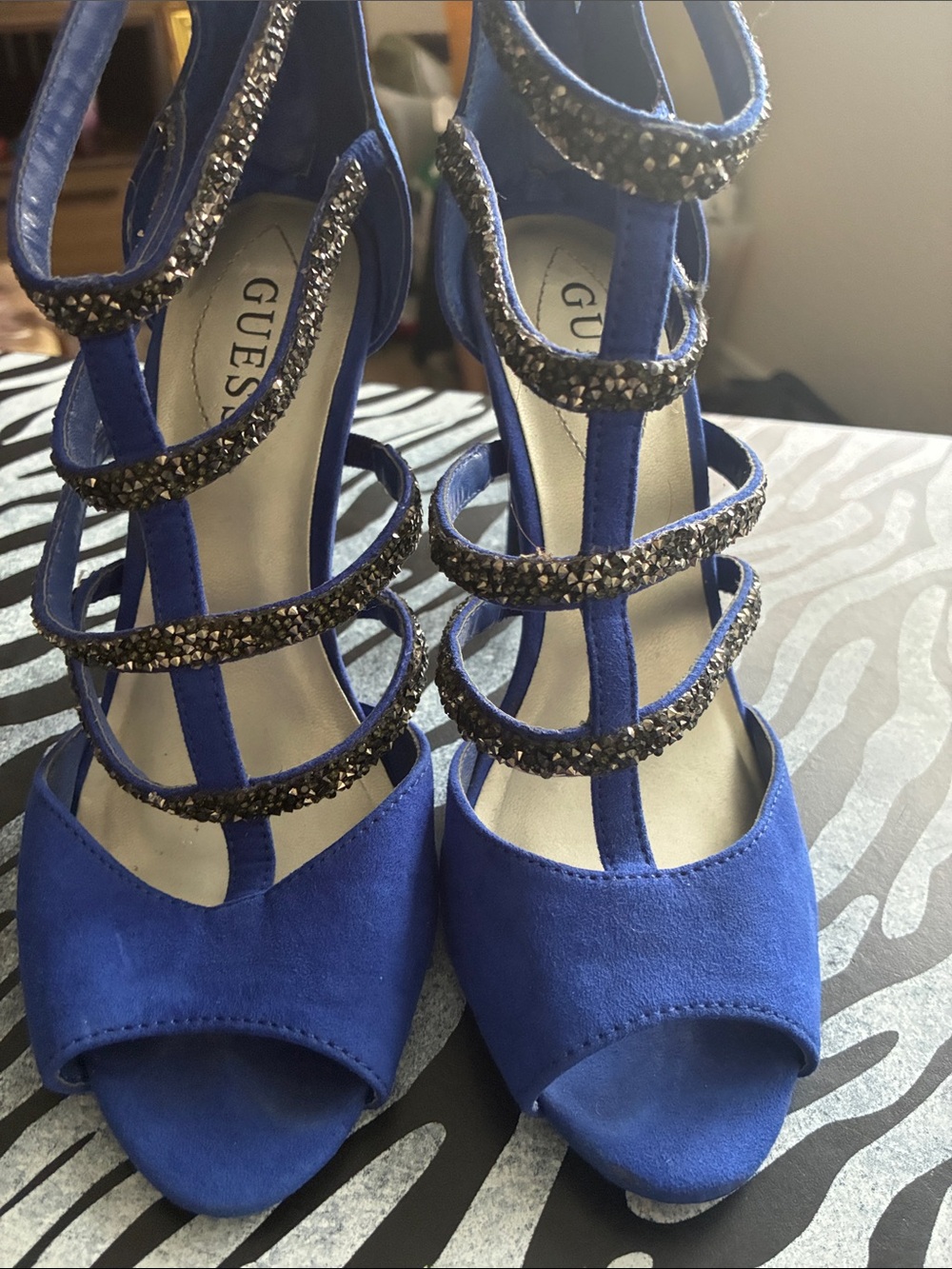 GUESS Cobalt Blue Strappy Gem-Studded Women's Heels